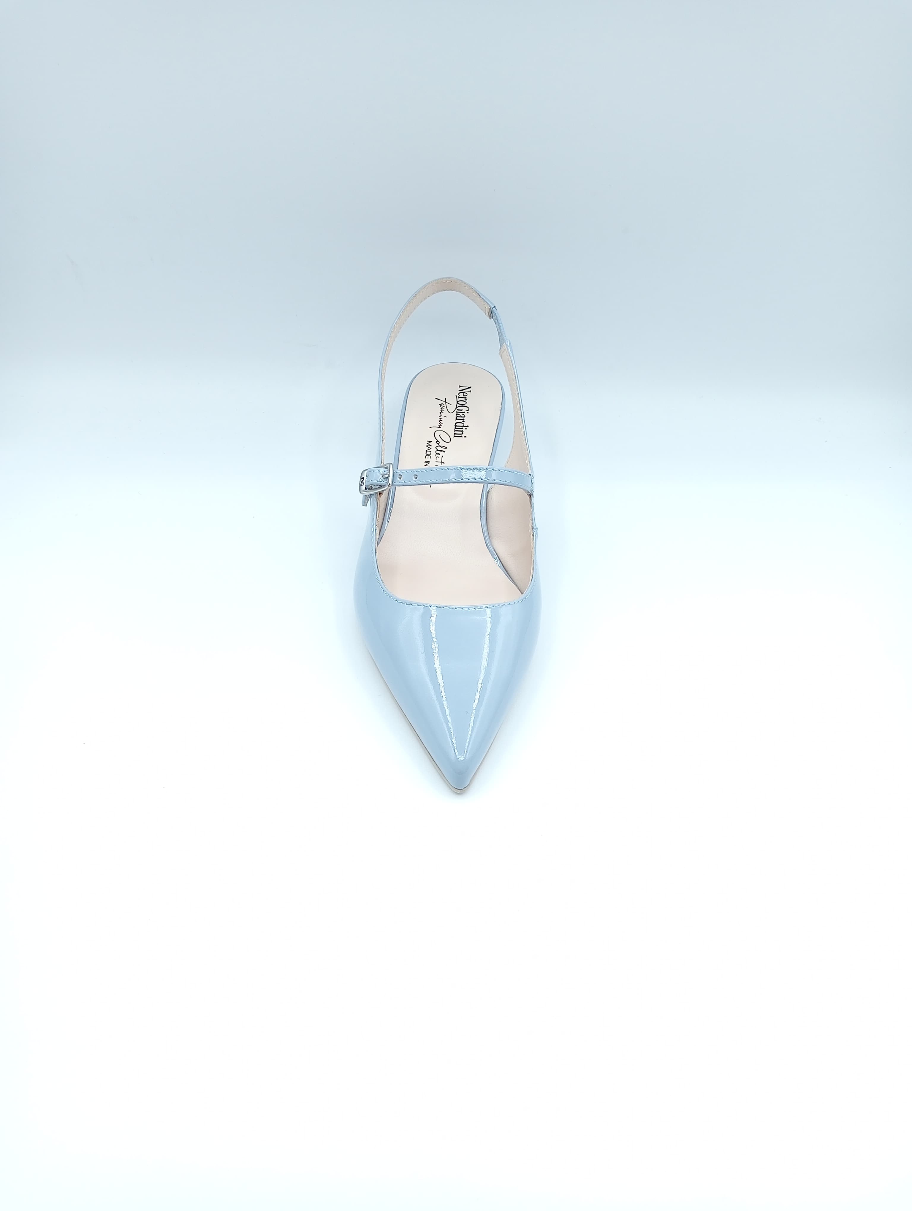 Slingback NeroGiardini E512261DE in vernice celeste tacco 3 cm