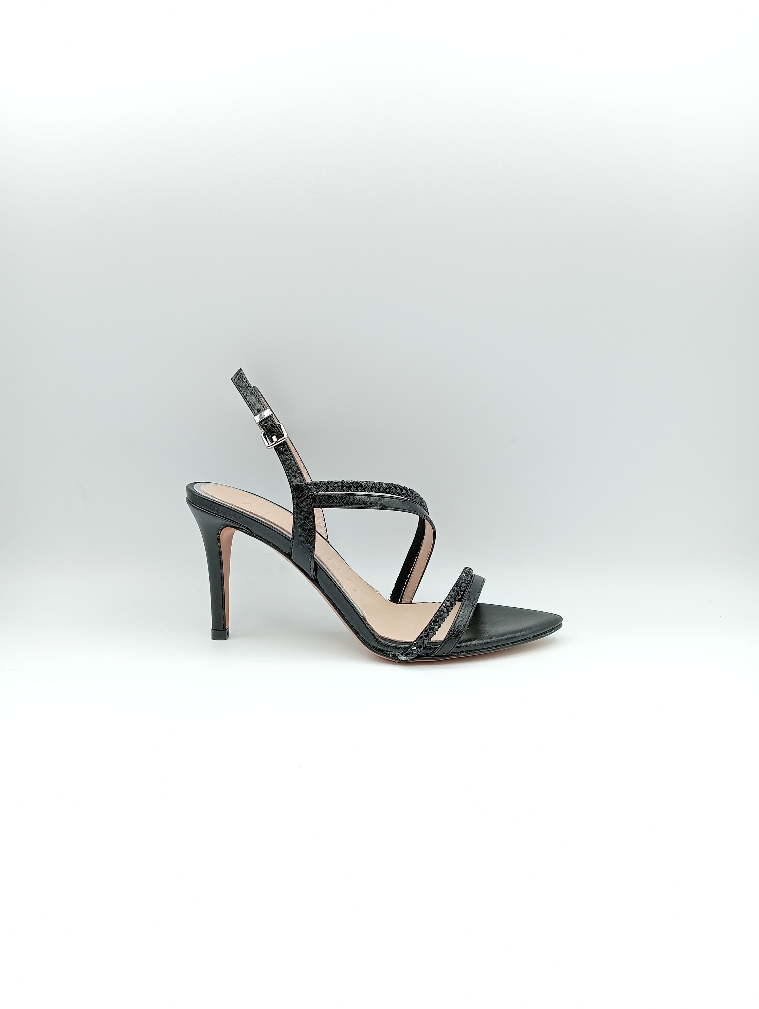 Sandali Albano color nero con cinturini brillanti e tacco alto da 9 cm.