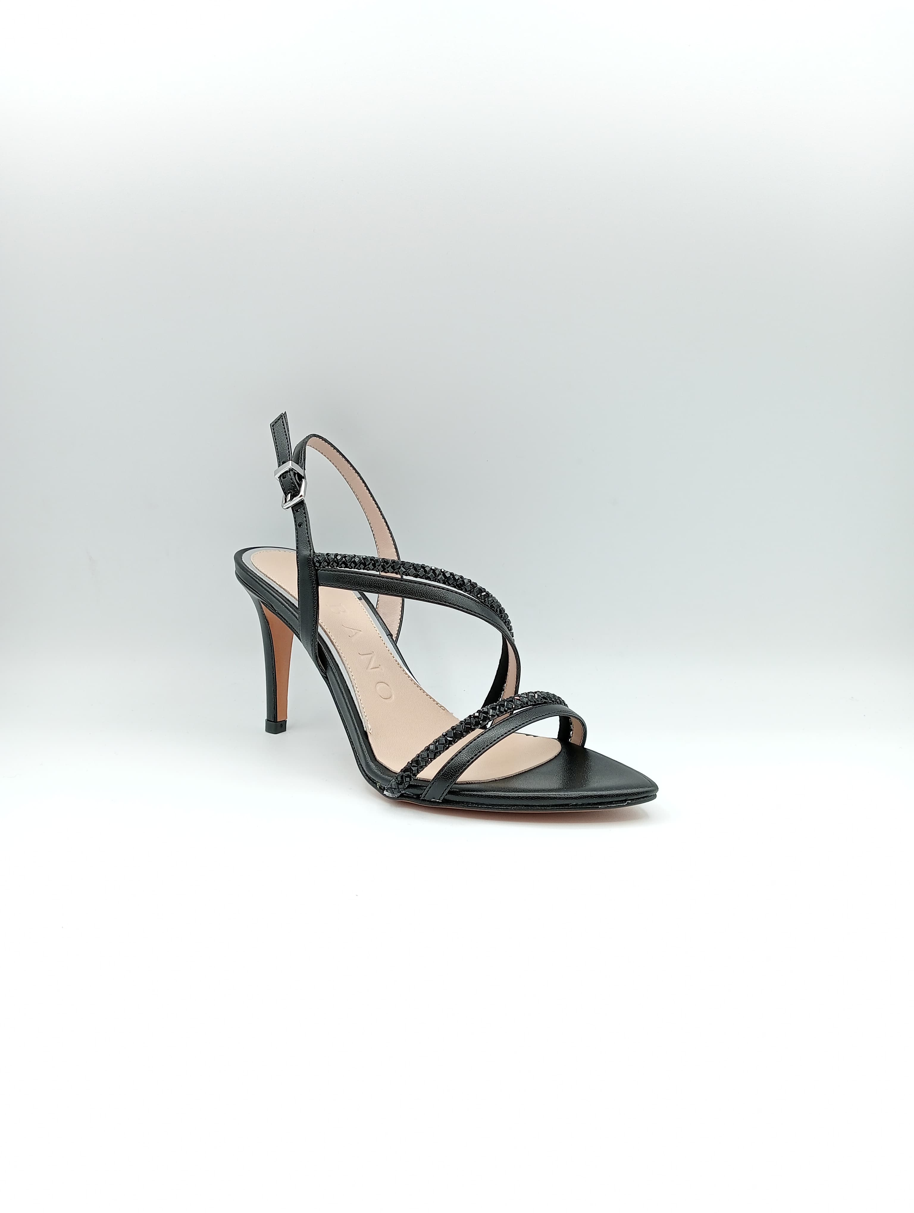 Sandali Albano color nero con cinturini brillanti e tacco alto da 9 cm.